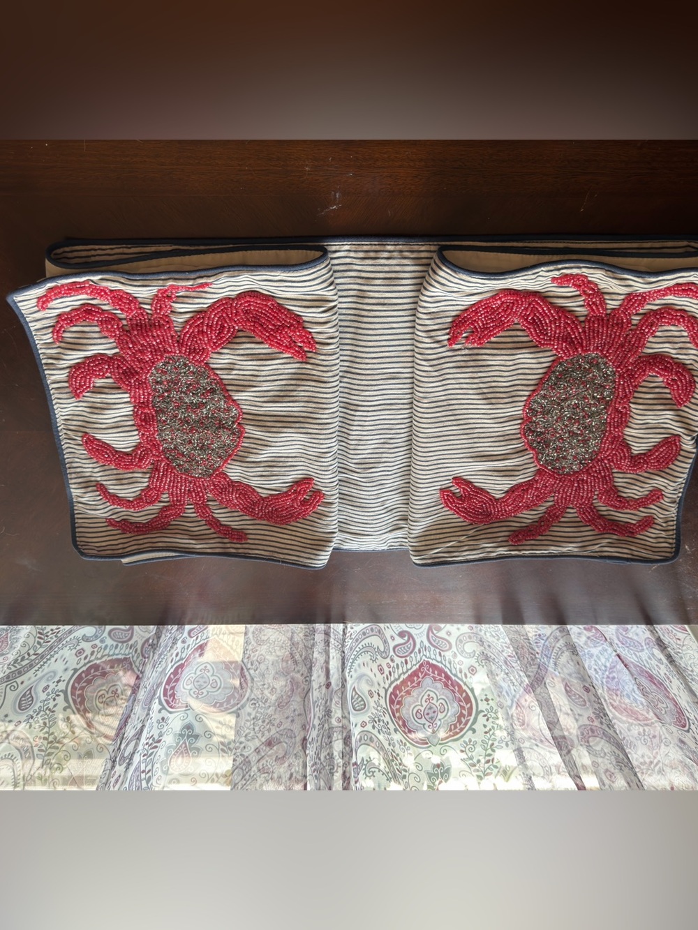Pier 1 Red Crab Beaded Pillow Covers on Striped Cream Background